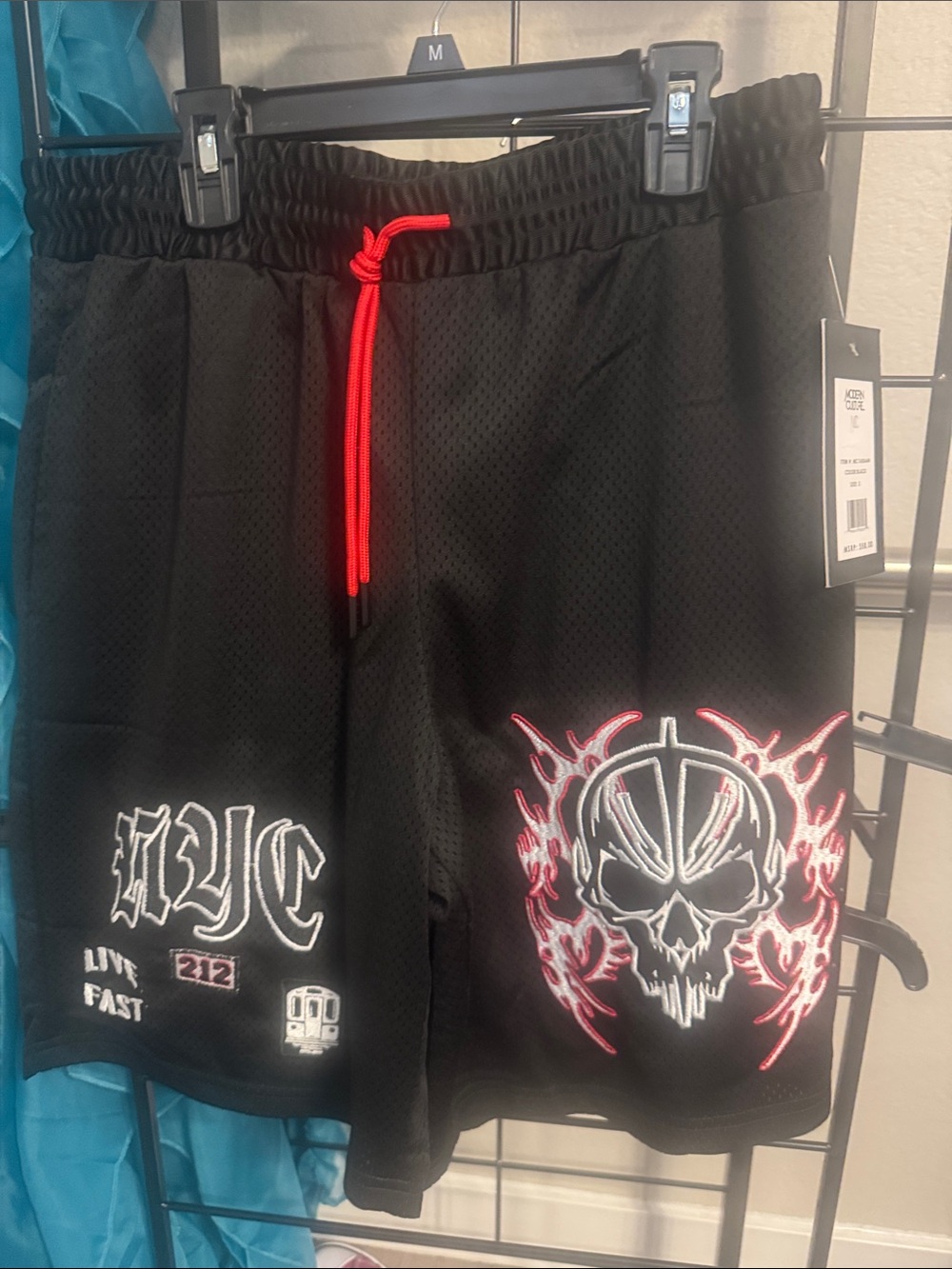 Modern Culture Black NYC Skull Graphic Men's Shorts with Red Drawstring